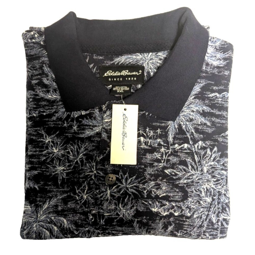 Eddie Bauer Men Coastal Polo Shirt 2XL Navy Blue Tropical White Palm Tree NWT
